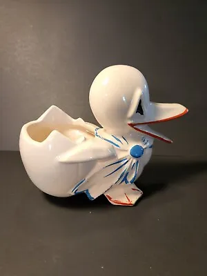 Vintage McCoy Ceramic Duck With Egg Planter White With Red And Blue Paint • $38.99