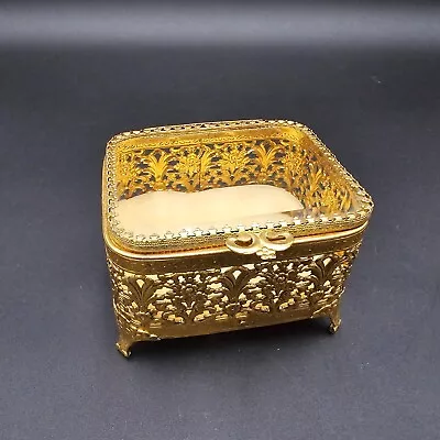 Vintage Gold Tone Filigree Beveled Glass Footed Casket Jewelry Box 4.25in • $24.97