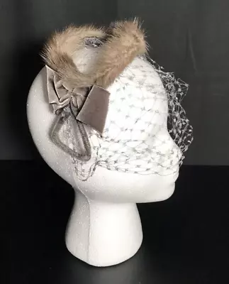 Vintage 60s Fur Double Headpiece With Gray Velvet Ribbon Bows And Veil Facinator • $34