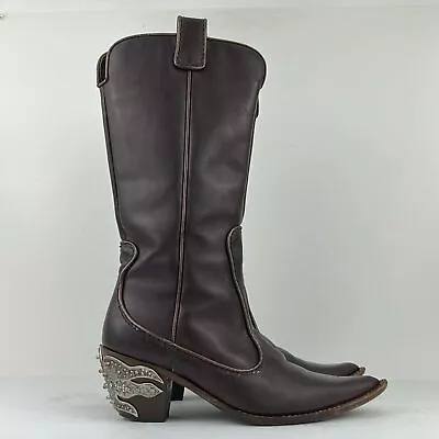 Vicini By Giuseppe Zanotti Brown Leather Cowboy Boots Jeweled Heel Made In Italy • $125