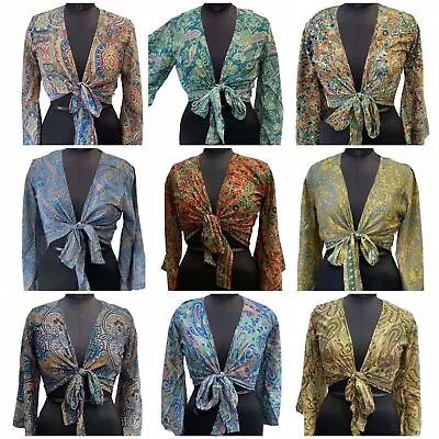 Wholesale 10 Pc Indian Vintage Silk Sari Bell Sleeve Crop Top Retro 60s Clothing • $163.31