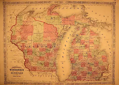 1865 Map ~ WISCONSIN - MICHIGAN Authentic Johnson Atlas Map (18x27)-#010 • $34