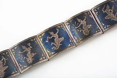 Vintage Siamese Sterling Silver And Niello Etched Link Panel Bracelet • $75.08