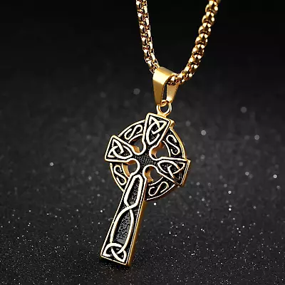 Gold Triquetra Trinity Knot Irish Celtic Cross Pendant Necklace For Men Women • $9.99