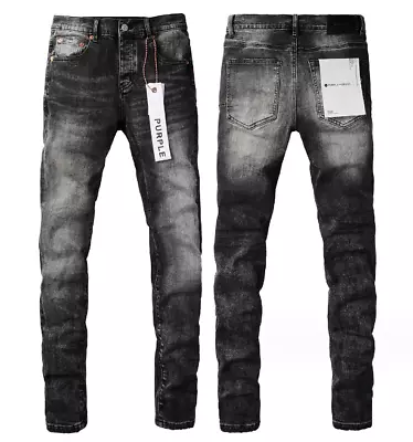 2023 New Purple Brand Fashion Men Black Jeans Distressed Hole Unique Personality • $65.78