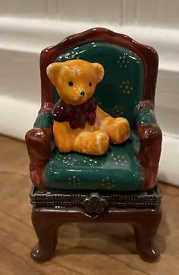 Vintage Trinket Box GREEN OVERSTUFFED ARMCHAIR With TEDDY BEAR • $25