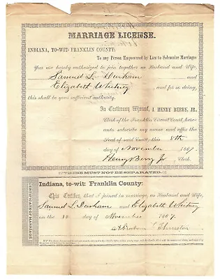Indiana Marriage License: Samuel L. Durham & Elizabeth Whitney November 1867 • $16.90