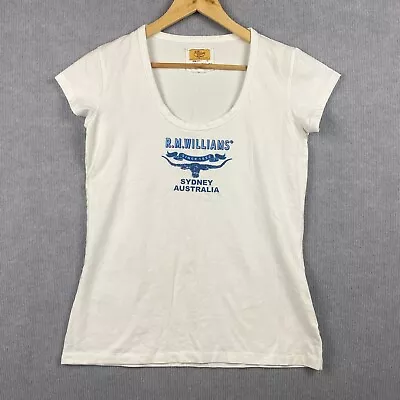 RM Williams T Shirt Womens 14 White Blue Graphic Logo Print Scoop Neck Cotton • $24.95