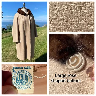 Vtg Boiled Wool Tan Coat Womans Rose Button With Mink Collar Size L To XL Large • $45