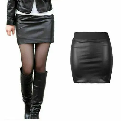 New Women's Black Pvc Wet Leather Look Mini Pencil Tube Bodycon Skirt Size 8-26 • £8.99