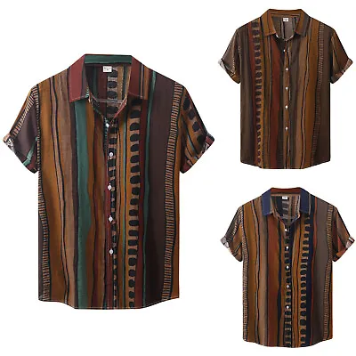 Men's Casual Stripe Print Shirt Short Sleeve Turn-Down Collar Summer Shirt Tops • $17.16