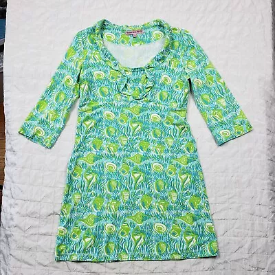 Barbara Gerwit Vintage Green Seashell Nautical 3/4 Sleeve Jersey Dress Sz SMALL • $22.95