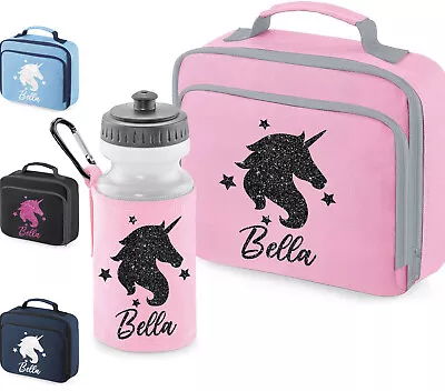 Personalised Girls Lunch Bag And Water Bottle School Unicorn Glitter Any Name • £7.99