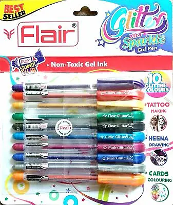 10 X Sparkled GLITTER Gel Pens 0.7mm FINE Tip 10 Flair Colours For Gift Card • £2.75