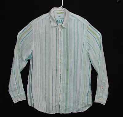 Tommy Bahama Relax 100% Linen Blue Green White Stripe Long Sleeve Shirt Mens M • $17.95