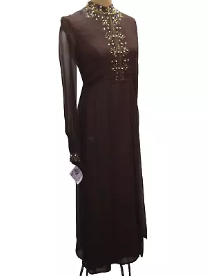 Vintage 1960's Elegant Brown Silk Chiffon Beads Rhinestones Couture Dress Small • $95