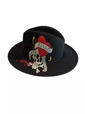 Ed Hardy Fedora Hat Rose Dragon Skull And Heart Black One Size Love Kills Slowly • $49.99