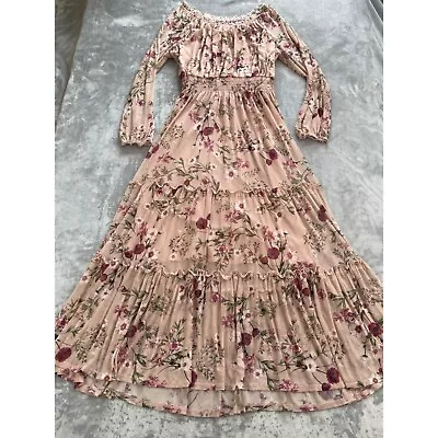 Kate And Lily Maxi Dress 12 Pink Dusty Rose Floral Tiered Maxi Mesh Peasant • $29.99