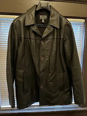 J. CREW Vintage Country Black Grain Leather Car Coat-Jacket Size L • $230