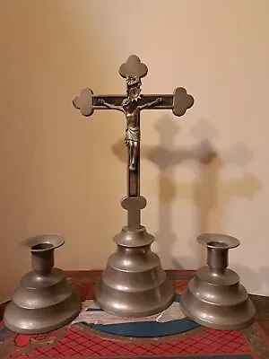Antique Set Chapel Altar Metal Ebony With Corpus Crucifix With 2 Candle Holders • $60