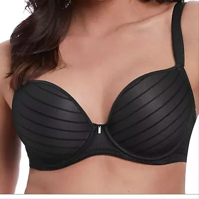 Freya Deco Cameo Bra Black Size 32B Underwired Moulded Padded Plunge Racer 3160 • £19.89