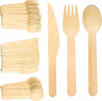 Wooden Cutlery Biodegradable - 100 Spoons 100 Knives & 100 Forks • £9.99