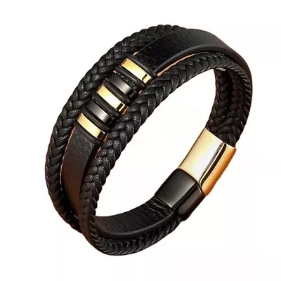 Mens Black Leather Bracelet Wristband Stainless Steel Clasp Jewellery Gift UK • £7.99