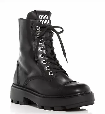 Miu Miu Prada Naplak Tech Black Platform Combat Lace Up Ankle Boots 40/10 • $1200