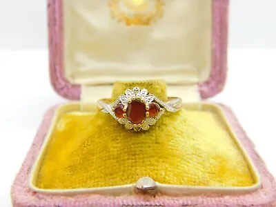 9ct Yellow Gold Garnet & Diamond Floral Band Ring Vintage C1990 Birmingham • £145