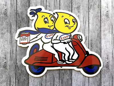 VINTAGE ESSO HAPPY MOTORING Red Moped PORCELAIN SIGN GASOLINE OIL PUMP STATION • $15.50