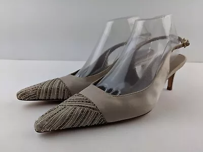 Badgley Mischka 39 8.5 Narrow Beaded Beige Satin Slingback Heel Classic Wedding • $25.88