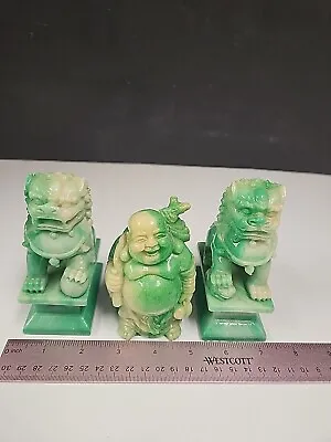 Vintage Chinese Carved Green Jade Foo Lion Dragon Dogs And Laughing Buddha  • $45