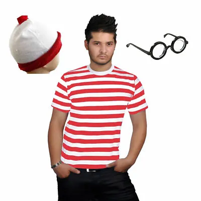 Mens Boys Where's Wally Red & White Kit Strips Fun Stag Do Fancy Dress S-XXL • £8.49