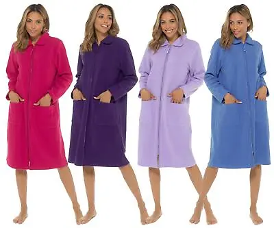 Zip Fleece Dressing Gown Undercover Ladies Zipper Front Robe Nightwear • £21.99