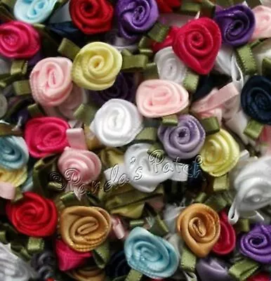 Mini Small Ribbon Rose Bud Flowers With Satin Leaves Choose Colour Pack Size • £1.85