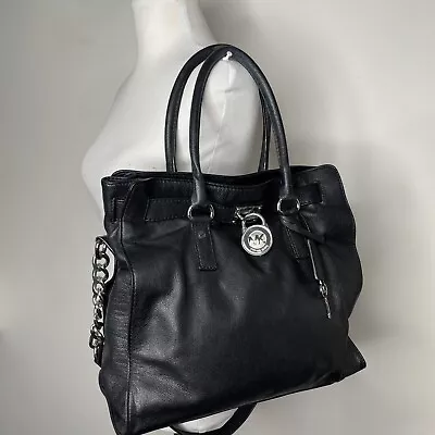 Michael Kors Hamilton Satchel Tote Leather Bag Black With Silver Lock And Chain • $65