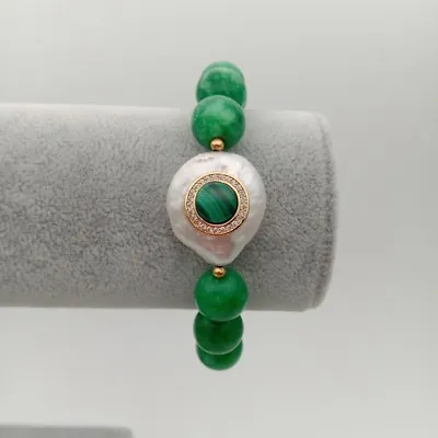 Green Jade White Coin Pearl Cz Pave Malachite Stretch Bracelet • $17.10