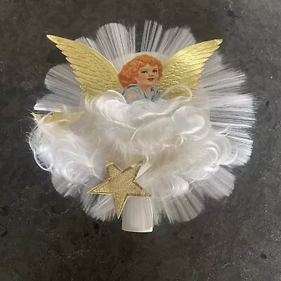 VTG Christmas Spun Glass Angel Hair Die Cut Paper Angel Tree Topper Tinsel Co • $79.99