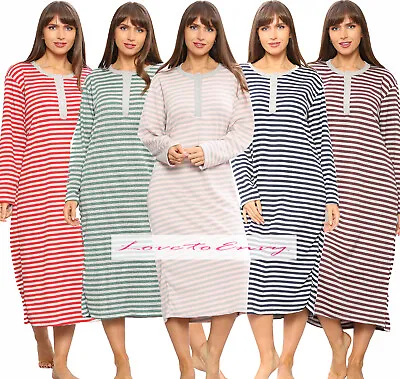 Ladies Thermal Long Sleeve Nightie STRIPE PLUS SIZE WINTER WARM Nightwear 10-20 • £15.95