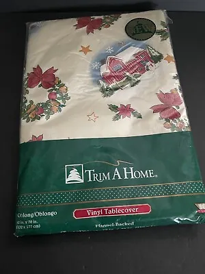 Vintage Trim A Home Christmas Tablecloth Oblong 52  X 70 -Vinyl Flannel Backed • $5