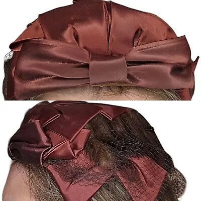 1950s Small Hat Brown Fur Fabric Bow Netting Rust Orange Organza Housewife • $39.99