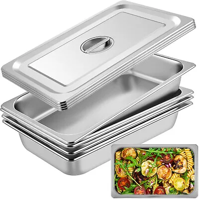 VEVOR 4  Deep Full Size Steam Table Pans W/ Lids 4 Pack Set Hotel Food Buffet • $53.12