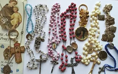 Vtg Lot Rosary Beads Crystal Glass Wood Plastic Saints Medals Crucifix Bracelet  • $0.99