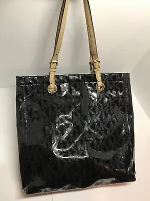 Michael Kors Jet Set Logo Tote Black Shiny Shoulder Patent Leather Bag Purse LRG • $74.99
