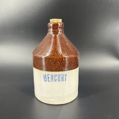 Vintage Mercury Medicine Jug Stoneware Brown White Mini Apothecary Cork Stopper • $19.99