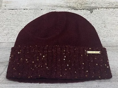 Michael Kors Ribbed Knit Sequin Beanie Maroon With Gold • $23.99