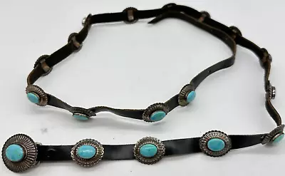 Vintage Womens Native Sterling & Leather Concho Belt Turquoise 44  Length L/XL • $297.49
