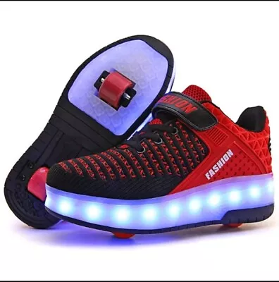 Girls Boys USB Charging Roller Shoes Kids LED Light Up Wheels Sports Sneakers • £35