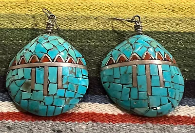 VINTAGE NATIVE AMERICAN INDIAN TURQUOISE SILVER CORAL EARRINGS Shell Backs • $425