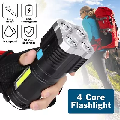 4 Head Tactical LED Flashlight USB Rechargeable Torch COB Military Spotlight New • $12.76